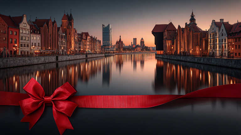 Top boxed-meal catering in Gdańsk_ ranked delivery meal boxes, Gdańsk skyline, medal ribbon